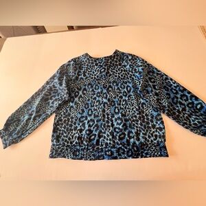LINDSEY BLAKE ROUND NECK BLOUSE. BRITE BLUES AND BLACK. SIZE 12